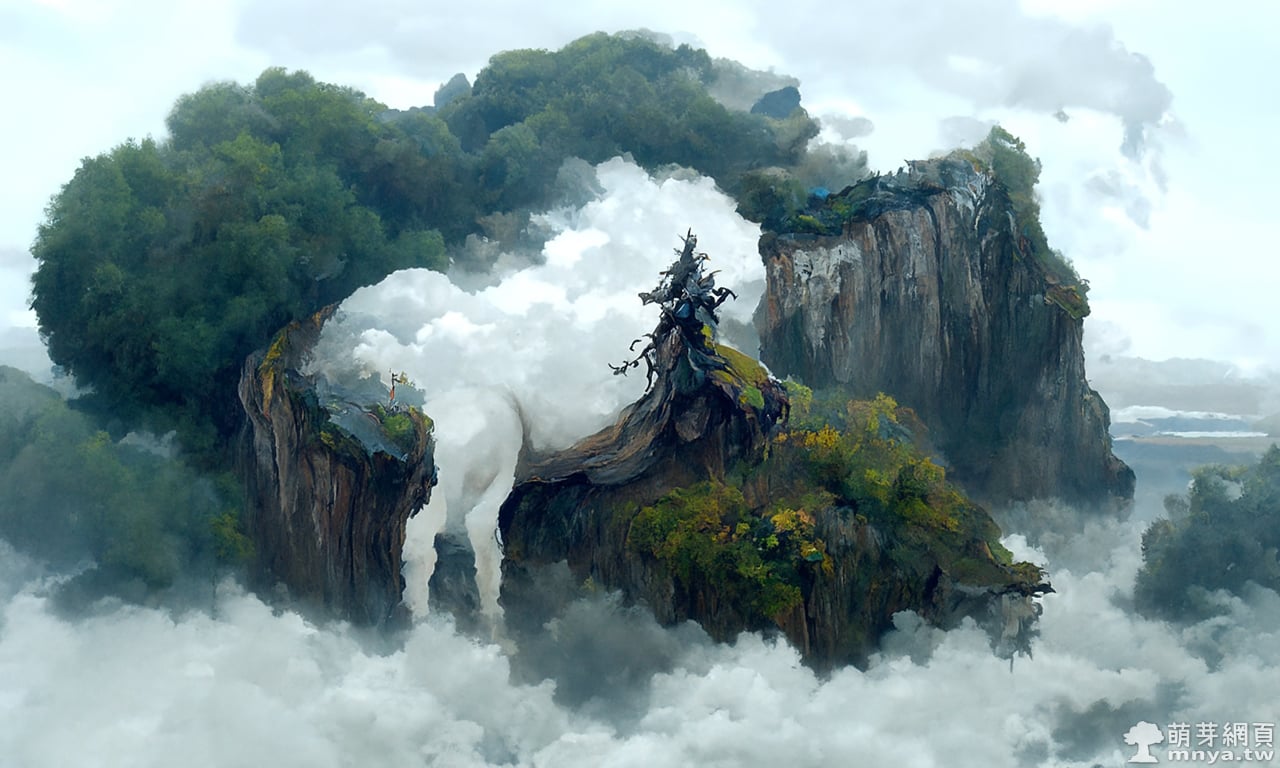 【AI 繪圖】雲霧繚繞的斷崖上有匹馬望向浮島