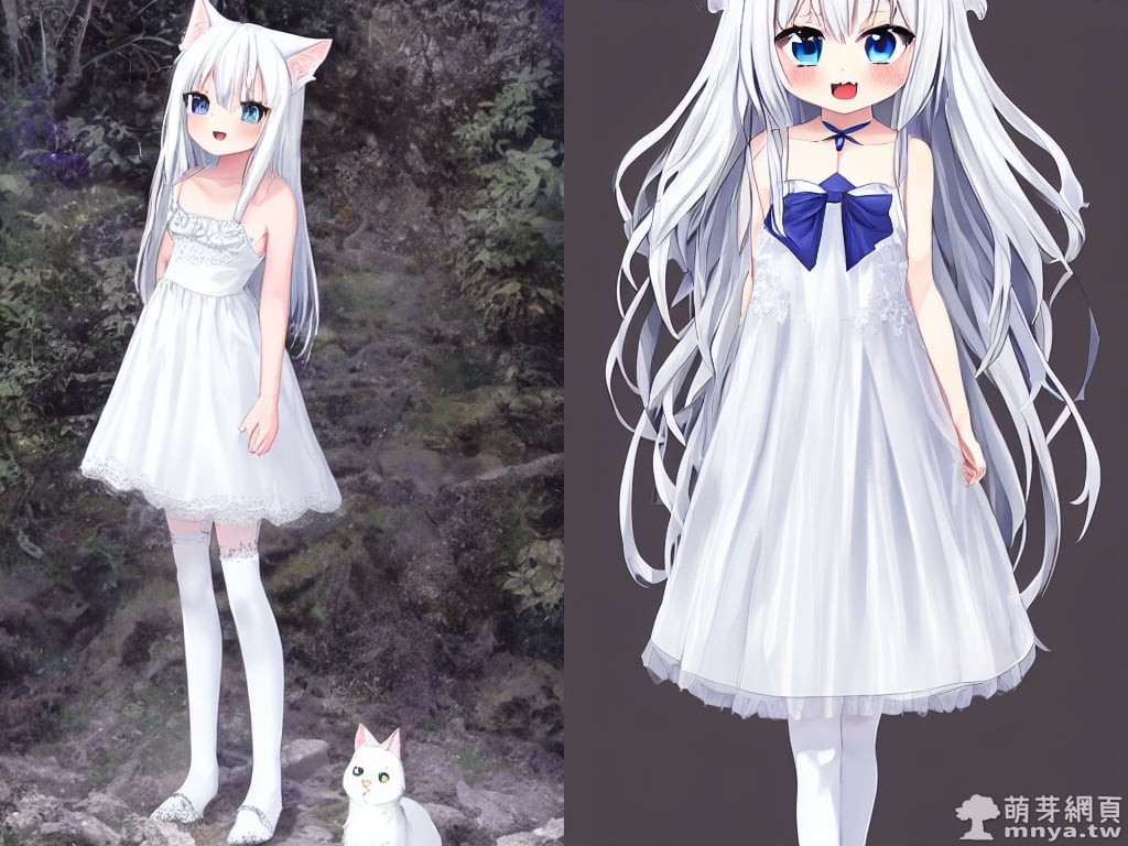 【AI 繪圖】白毛藍瞳貓耳女孩(全身畫像)