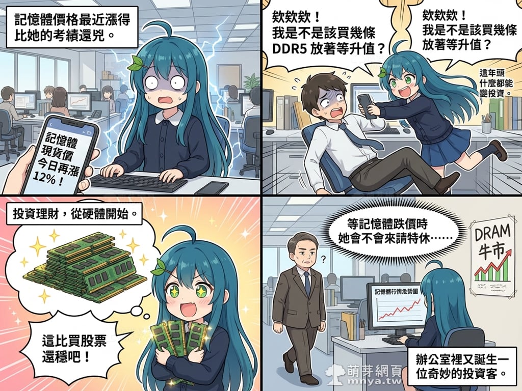 【AI 漫畫】萌芽娘四格漫畫 2：記憶體也能當投資！？(萌芽系列網站)(Nano Banana)