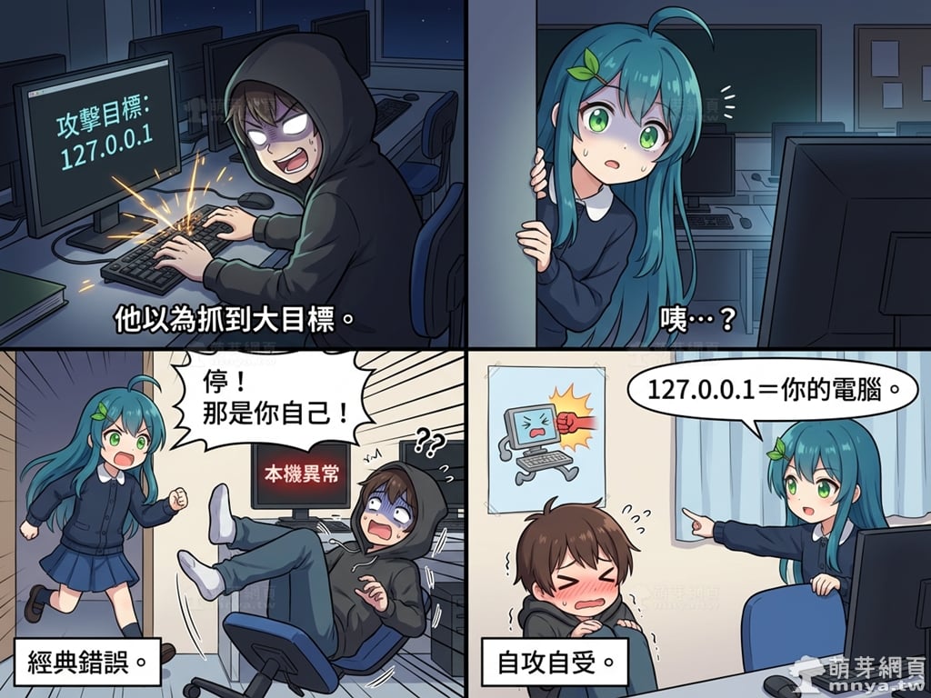 【AI 漫畫】萌芽娘四格漫畫 3：攻擊目標竟然是自己(萌芽系列網站)(Nano Banana)