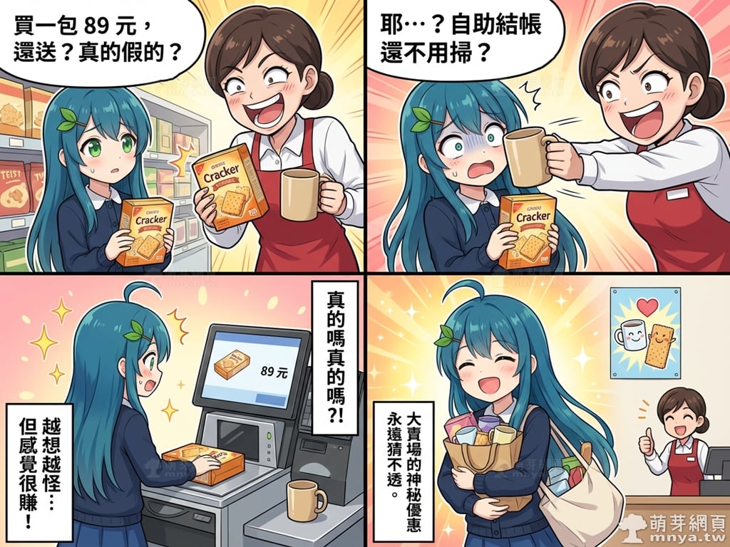 【AI 漫畫】萌芽娘四格漫畫 4：大賣場隱藏版優惠(萌芽系列網站)(Nano Banana)