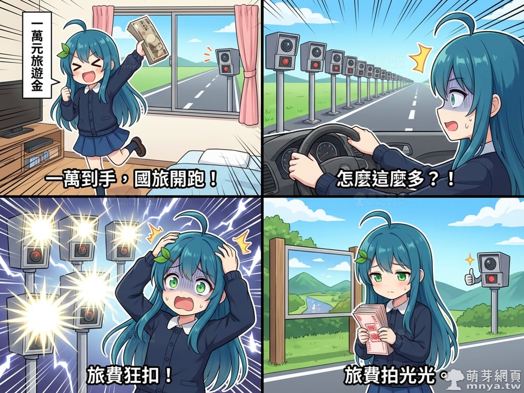 【AI 漫畫】萌芽娘四格漫畫 5：普發一萬與罰單收割戰(萌芽系列網站)(Nano Banana)