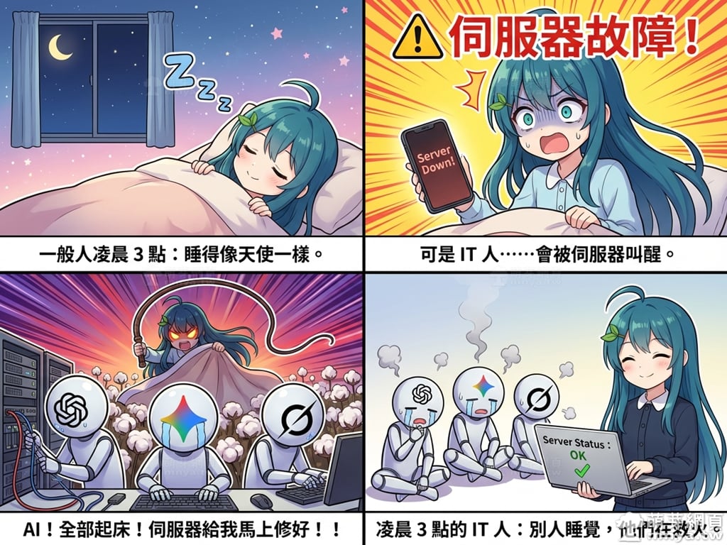 【AI 漫畫】萌芽娘四格漫畫 7：伺服器爆炸與 AI 修羅場(萌芽系列網站)(Nano Banana)